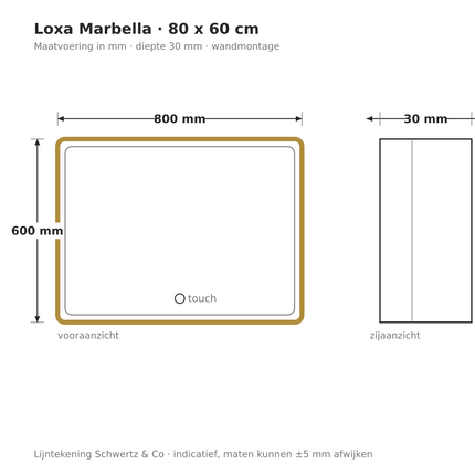 Lijntekening Loxa Marbella LED Spiegel 80 x 60 cm - Rechthoek, Gouden Lijst - maatvoering in mm