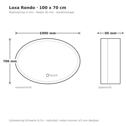 Lijntekening Loxa Rondo Ovale LED Spiegel 100 x 70 cm - maatvoering in mm