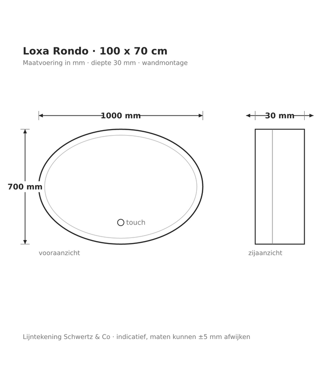 Lijntekening Loxa Rondo Ovale LED Spiegel 100 x 70 cm - maatvoering in mm