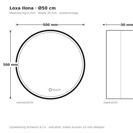 Lijntekening Loxa Ilona Ronde LED Spiegel Ø50 cm - Zwarte Lijst - maatvoering in mm