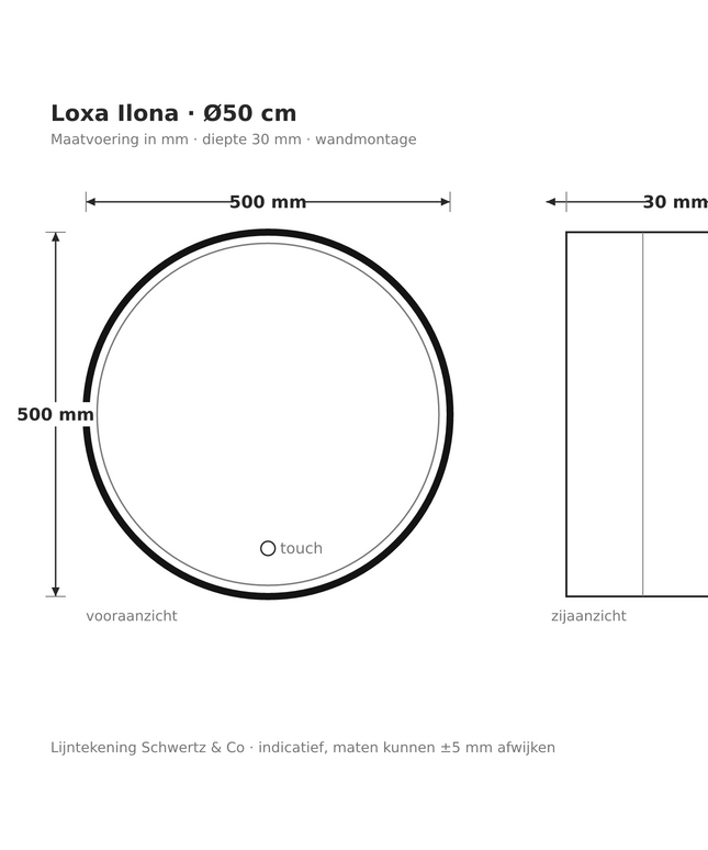 Lijntekening Loxa Ilona Ronde LED Spiegel Ø50 cm - Zwarte Lijst - maatvoering in mm