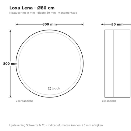 Lijntekening Loxa Lena Ronde LED Spiegel Ø80 cm - maatvoering in mm