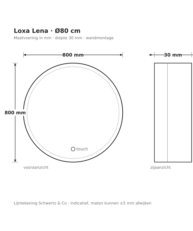 Lijntekening Loxa Lena Ronde LED Spiegel Ø80 cm - maatvoering in mm