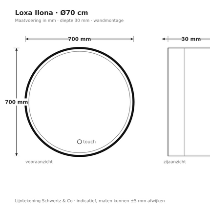 Lijntekening Loxa Ilona Ronde LED Spiegel Ø70 cm - Zwarte Lijst - maatvoering in mm