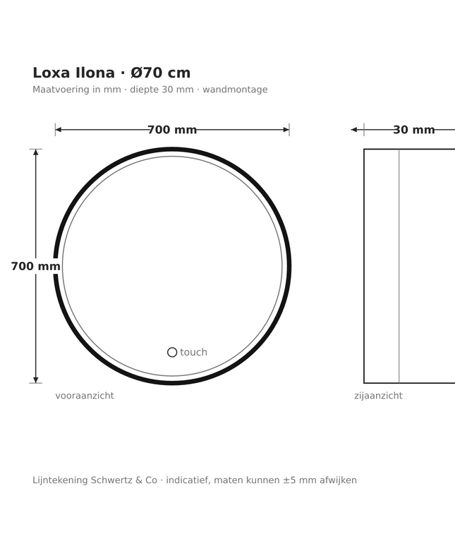 Lijntekening Loxa Ilona Ronde LED Spiegel Ø70 cm - Zwarte Lijst - maatvoering in mm