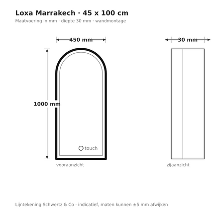 Lijntekening Loxa Marrakech LED Spiegel 45 x 100 cm - Boogvorm, Zwarte Lijst - maatvoering in mm