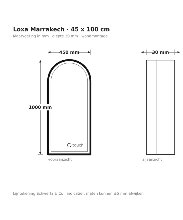Lijntekening Loxa Marrakech LED Spiegel 45 x 100 cm - Boogvorm, Zwarte Lijst - maatvoering in mm