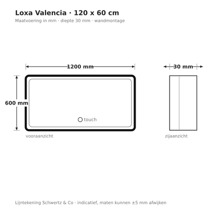 Lijntekening Loxa Valencia LED Spiegel 120 x 60 cm - Rechthoek, Zwarte Lijst - maatvoering in mm