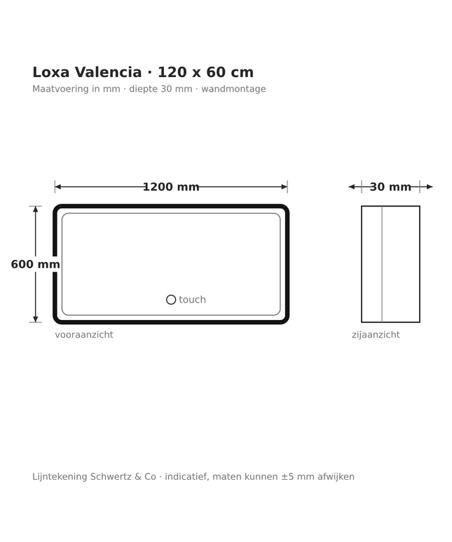 Lijntekening Loxa Valencia LED Spiegel 120 x 60 cm - Rechthoek, Zwarte Lijst - maatvoering in mm
