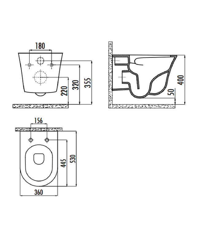 Maattekening CREAVIT Hangtoilet met bidet - 360° Flush Randloos - Glanzend wit