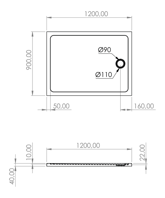 Plan côté receveur de douche rectangulaire acrylique ALONI – 120x90x4 cm