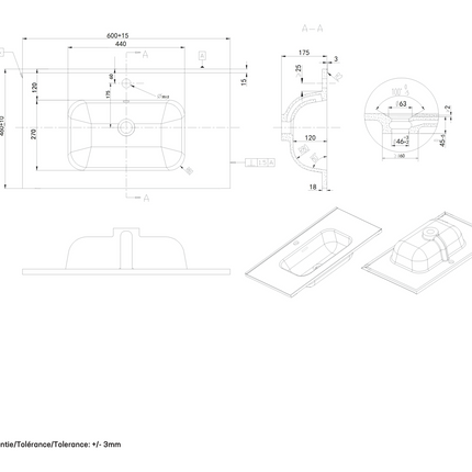Maattekening ALONI Liva wastafel - 60x46 cm - 1 kraangat - met overloop - Glanzend wit