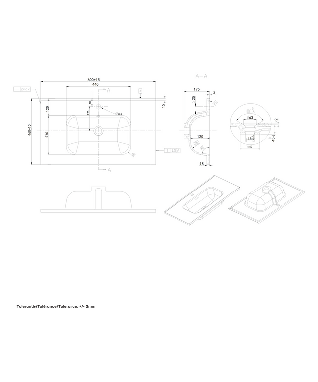 Maattekening ALONI Liva wastafel - 60x46 cm - 1 kraangat - met overloop - Glanzend wit