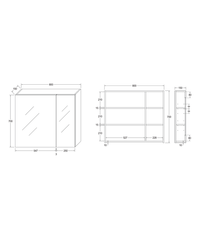Maattekening HAYAT spiegelkast – 2 asymmetrische enkelzijdige spiegeldeuren – 80x70x15 cm – Glanzend wit