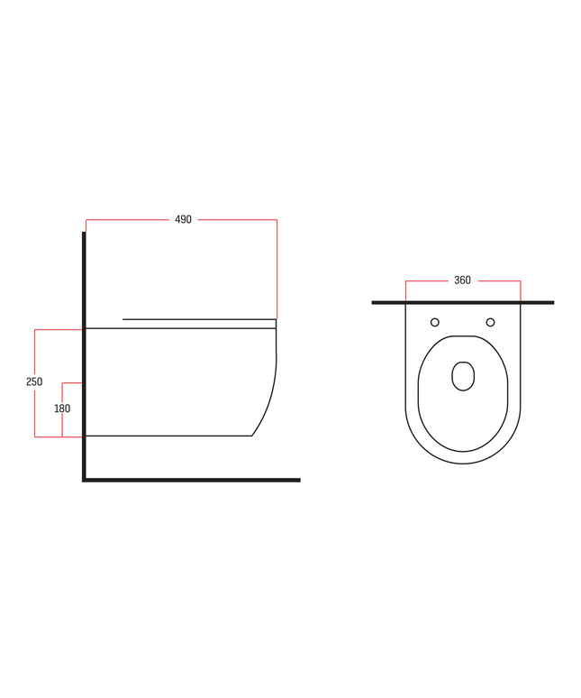 Maattekening Aloni Pro hangtoilet / ophang WC – randloos – met zitting – compact 49 cm – glanzend wit