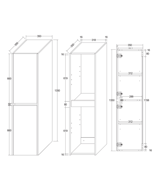 Maattekening ALONI HAYAT hoge badkamerkast – 35x135x35 cm – Glanzend wit – Greeploos & softclose – Omkeerbaar