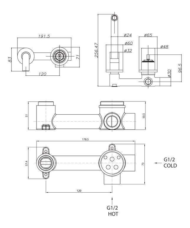 Maattekening ALONI inbouw wastafelkraan – chroom