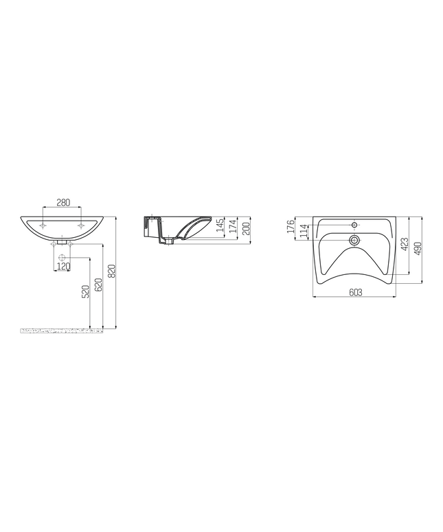 Maattekening Rolstoelwastafel – 60 cm – Wit