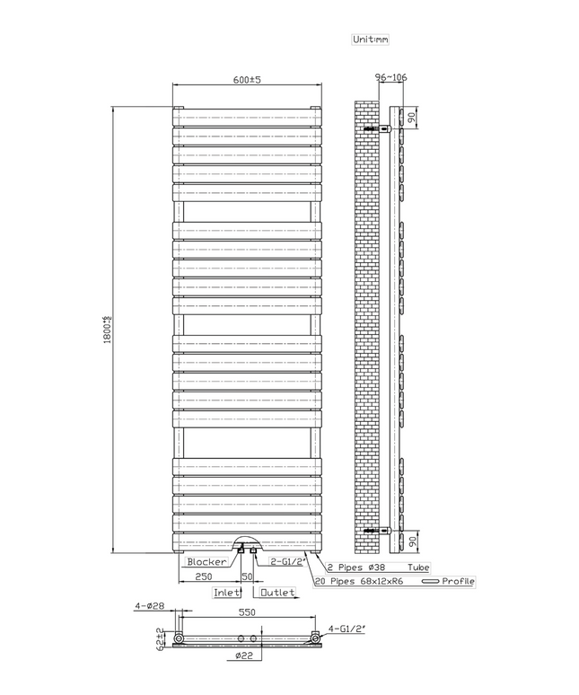 Maattekening BELRAD Badkamer radiator 1800x600mm - Zwart - Middenaansluiting - 1081W