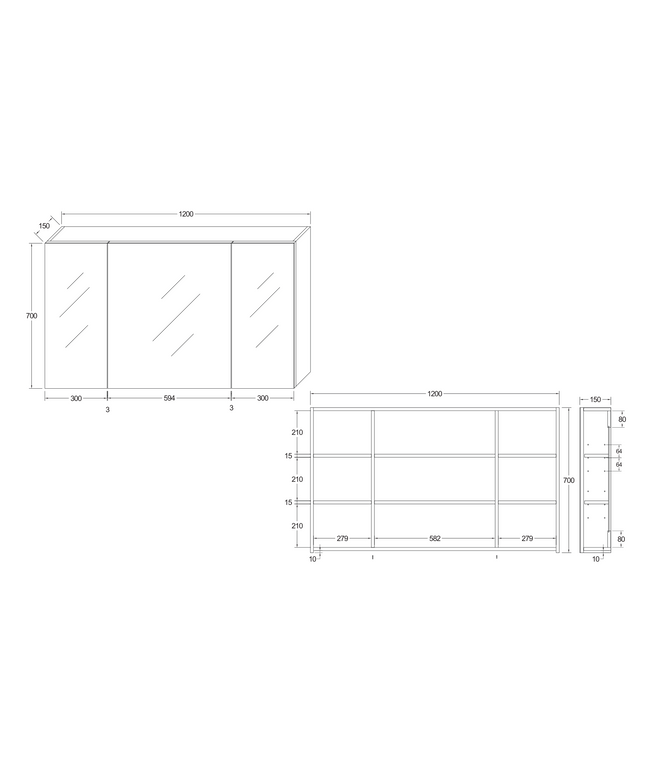 Maattekening HAYAT spiegelkast – 3 asymmetrische enkelzijdige spiegeldeuren – 120x70x15 cm – Mat zwart