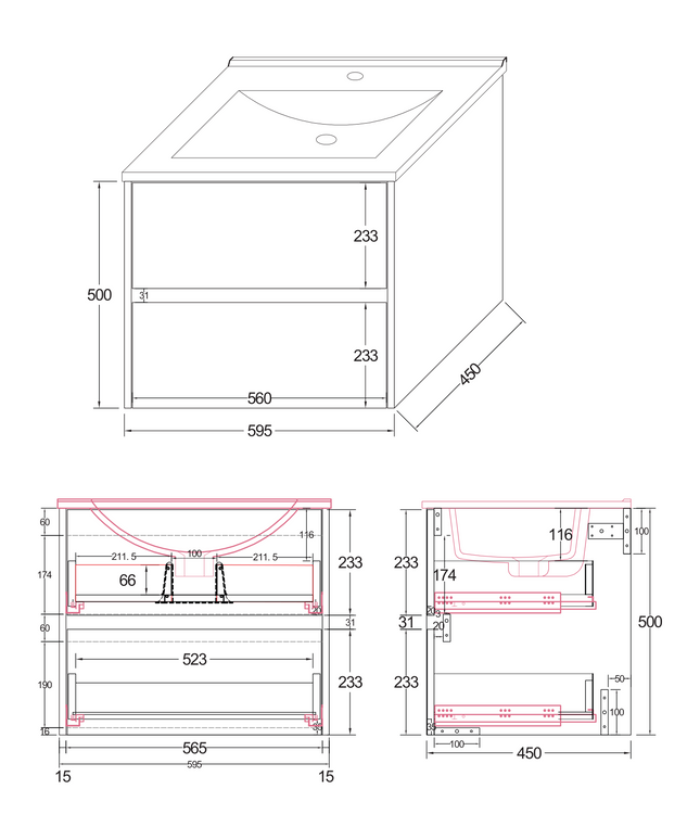 Maattekening ALONI HAYAT wastafelonderkast – 59,5x50x45 cm – Eik – Greeploos & softclose