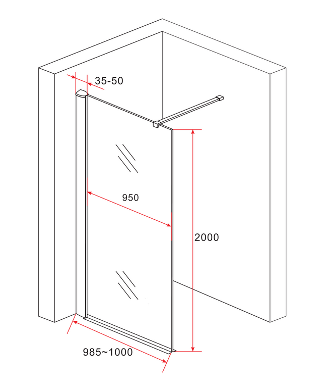 Maattekening ALONI douchewand champagneglas met koperen profiel – 100x200 cm – 8 mm veiligheidsglas