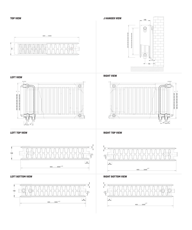 Plan coté radiateur panneau BELRAD Type 33 600x900mm - Blanc - 6 raccordements - 2150W