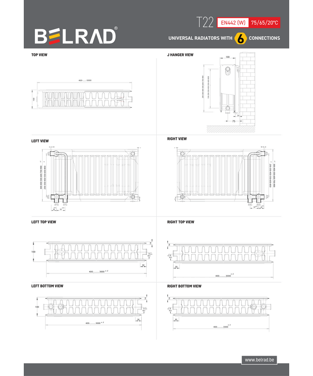 Maattekening BELRAD Paneelradiator Type 22 600x400mm - Wit - 6 aansluitingen - 693W