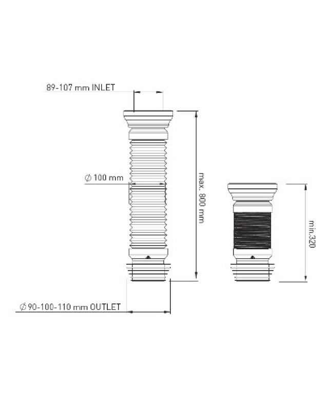 Maattekening ALONI flexibel WC aansluitstuk – Recht – Conisch Ø90-110