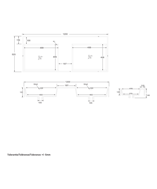 Maattekening Wonda Square wastafel – 2 wasbakken – zonder kraangaten – kunstmarmer – 120 cm – mat wit