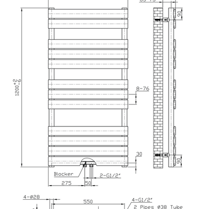 Plan coté radiateur sèche-serviettes BELRAD 1200x600mm Blanc – Raccordement central – 681W