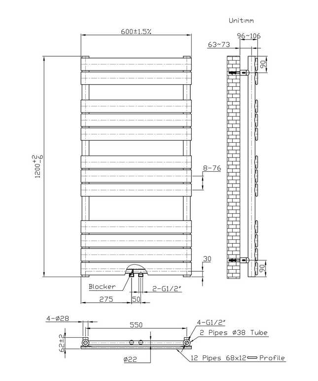 Maattekening BELRAD Badkamer Radiator 1200x600mm Wit – Middenaansluiting – 681W