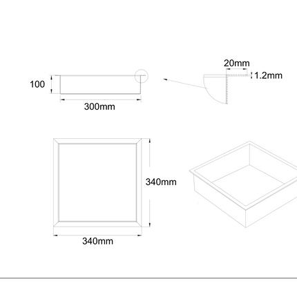 Maattekening ALONI inbouwnis – 30x30x10 cm – geborsteld goud