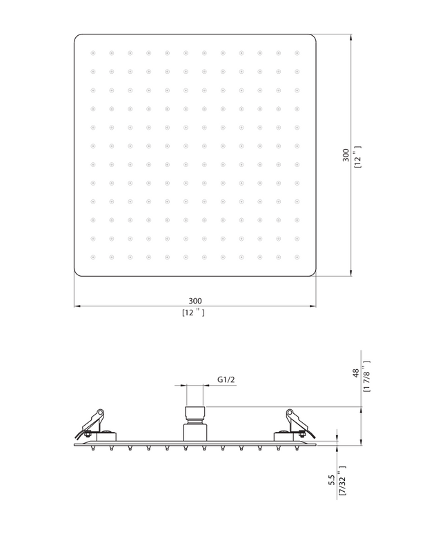 Maattekening ALONI inbouw douchekop – Ø30 cm – chroom