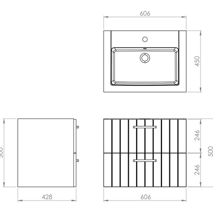 Maattekening CREAVIT D10 wastafelonderkast – 60,6 cm – Wit – 2 lades – Softclose