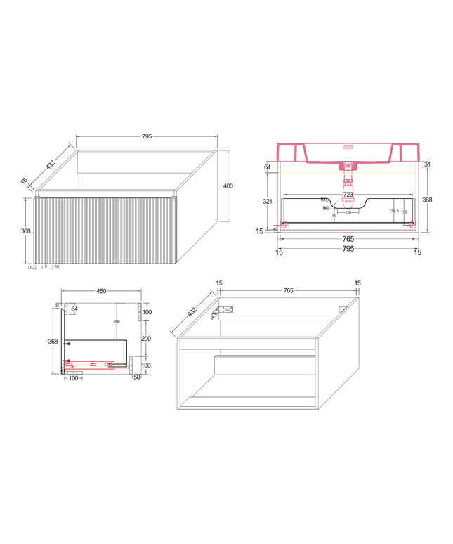 Maattekening ALONI ELA wastafelonderkast – 80x40x45 cm – Walnoot – Greeploos & softclose