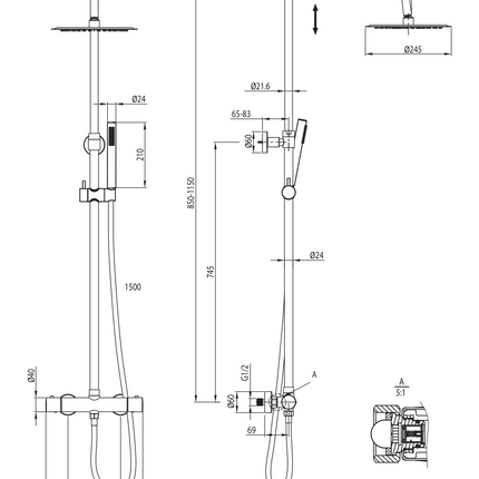 Maattekening ALONI Optima Rondo Regendoucheset - Thermostatisch Opbouw - Geborsteld goud