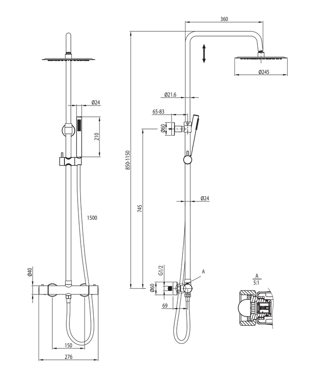 Maattekening ALONI Optima Rondo Regendoucheset - Thermostatisch Opbouw - Geborsteld goud