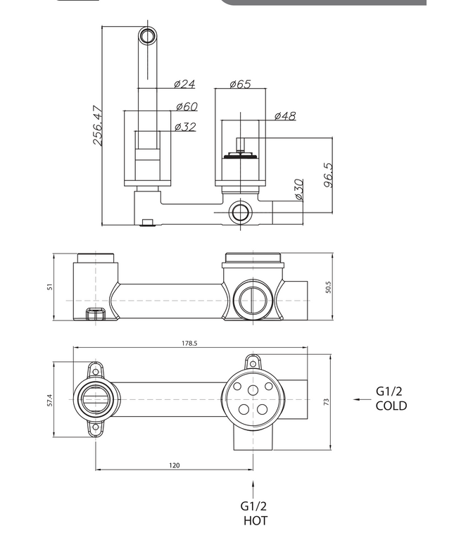 Maattekening ALONI inbouw wastafelkraan – gunmetal grijs
