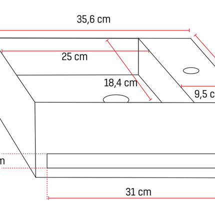 Maattekening Solid Surface Wastafel met Handdoekhouder – Kraangat Rechts – 35,8x20,5x15,7 cm – Zwart