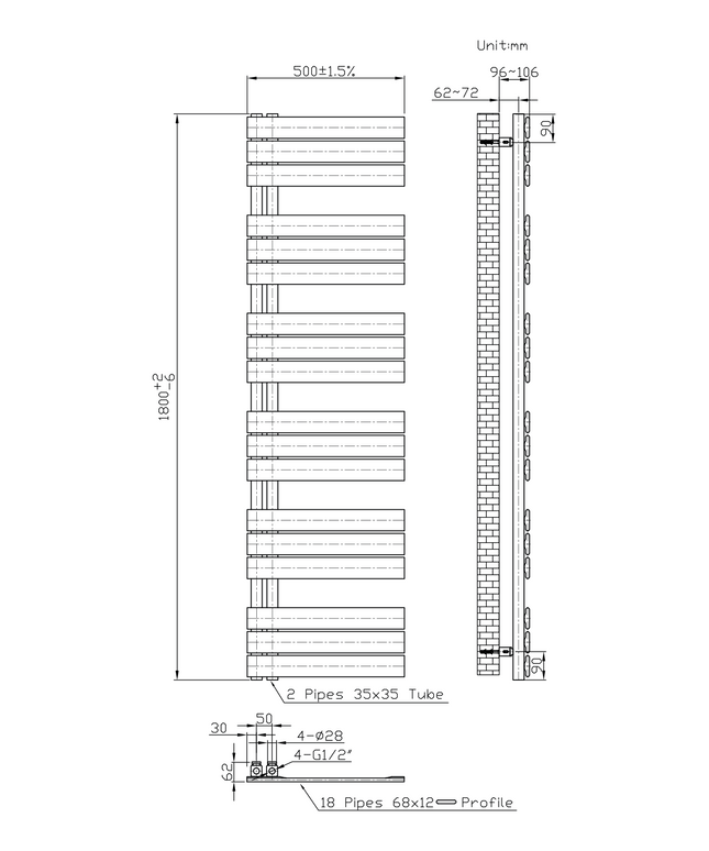 Maattekening BELRAD Badkamer Radiator 1800x500mm Mat Zwart – Linkeraansluiting/Combi – 890W