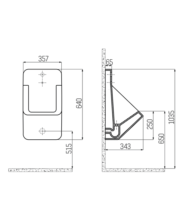 Maattekening Creavit urinoir met geïntegreerde sensor – werkt op batterijen - wit