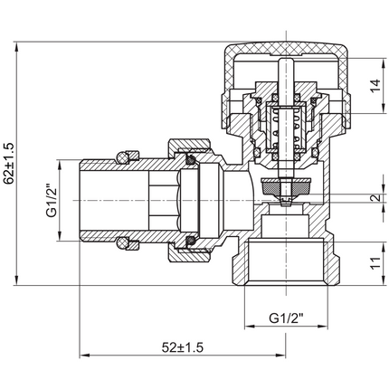 Maattekening BELRAD radiatorkraan haaks 1/2" MV - Nikkel