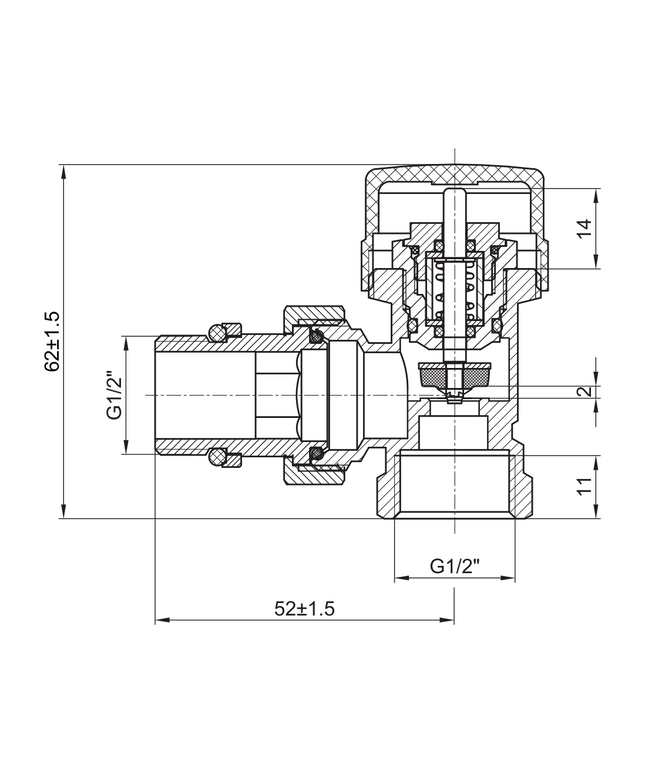 Maattekening BELRAD radiatorkraan haaks 1/2" MV - Nikkel