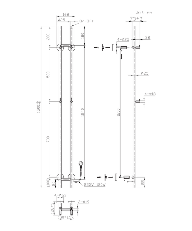 Maattekening BELRAD Badkamer radiator staafmodel elektrisch 1500x168x127 mm - Mat zwart - Dubbel - 120W