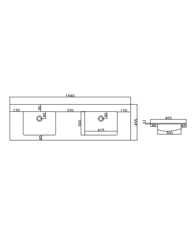 Maattekening ALONI Solid Surface Dubbele Wastafel – 160 cm – Wit