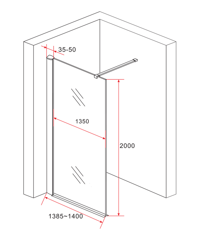 Maattekening ALONI inloopdouchewand melkglas – 140x200 cm – 8 mm veiligheidsglas