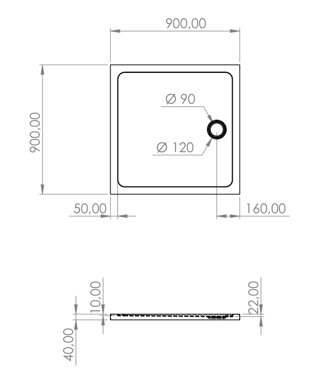 Plan côté receveur de douche carré acrylique ALONI – 90x90x4 cm