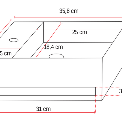 Maattekening Solid Surface Wastafel met Handdoekhouder – Kraangat Links – Zwart