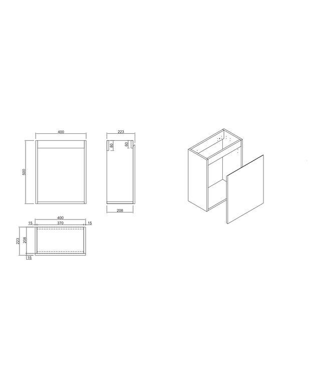 Maattekening Aloni Mkado toiletmeubelonderkast – 40x50x22,3 cm – wit marmer – deur rechts